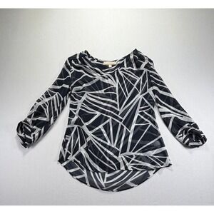 Banana Republic Womens Black White Geometric Print Sheer Long Sleeve Blouse XS